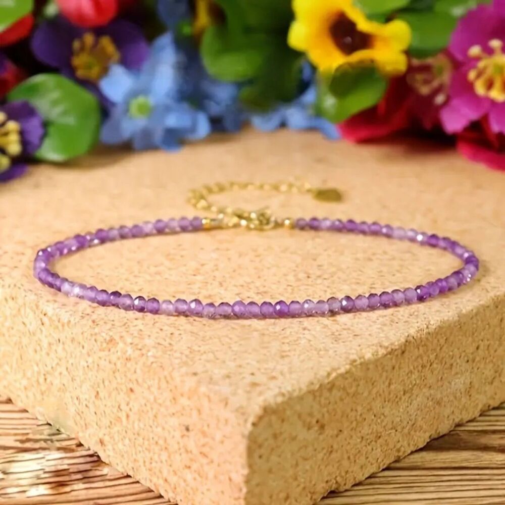 Natural Amethyst Gemstone Beaded Bracelet Adjustable 4mm Purple Crystal Dainty